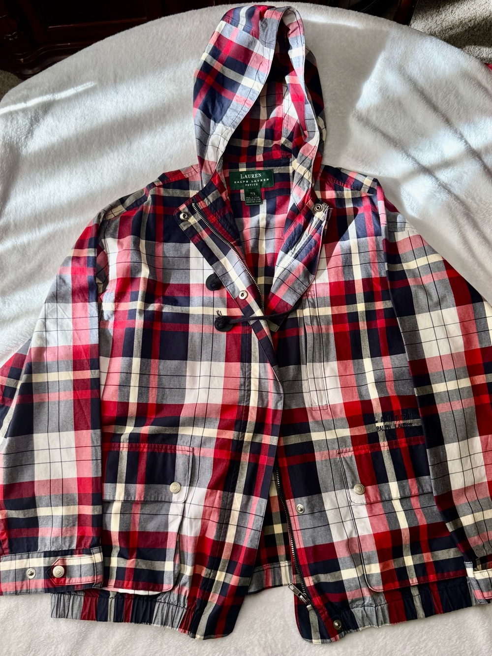 Ralph Lauren Red, Navy & White Plaid Hooded Utility Jacket